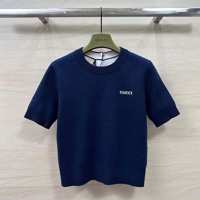 G*u*i gg women wool top G*u*i intarsia navy crewneck short sleeves