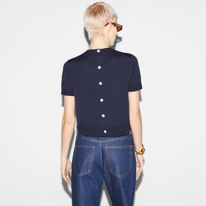 G*u*i gg women wool top G*u*i intarsia navy crewneck short sleeves