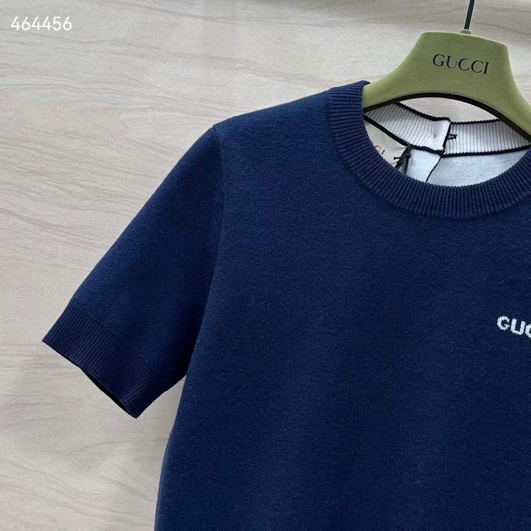 G*u*i gg women wool top G*u*i intarsia navy crewneck short sleeves