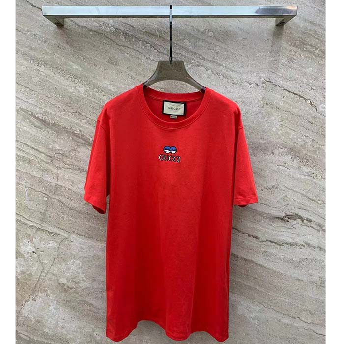 G*u*i men cotton jersey t-shirt embroidery eyes red crewneck short sleeves
