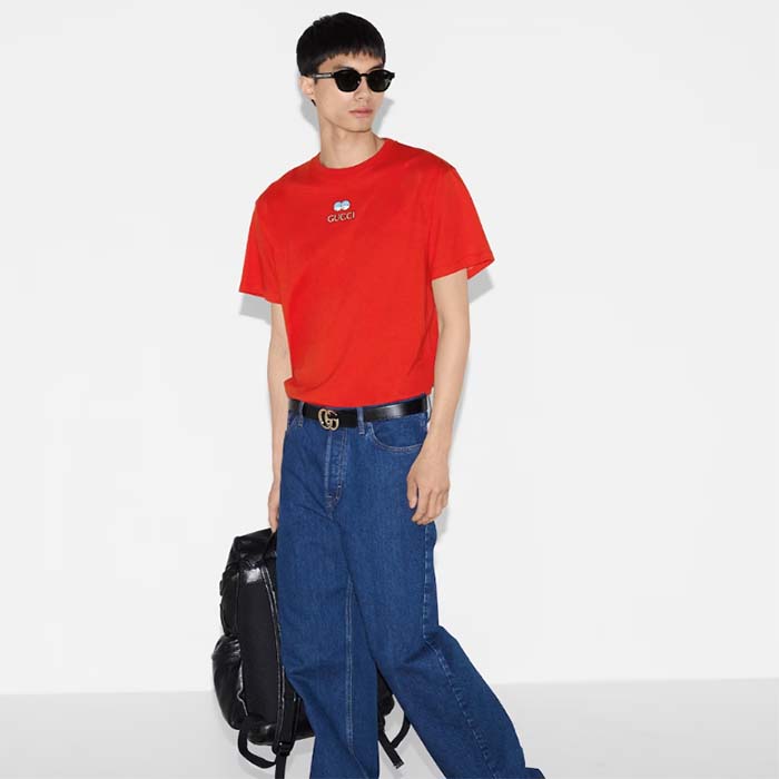 G*u*i men cotton jersey t-shirt embroidery eyes red crewneck short sleeves