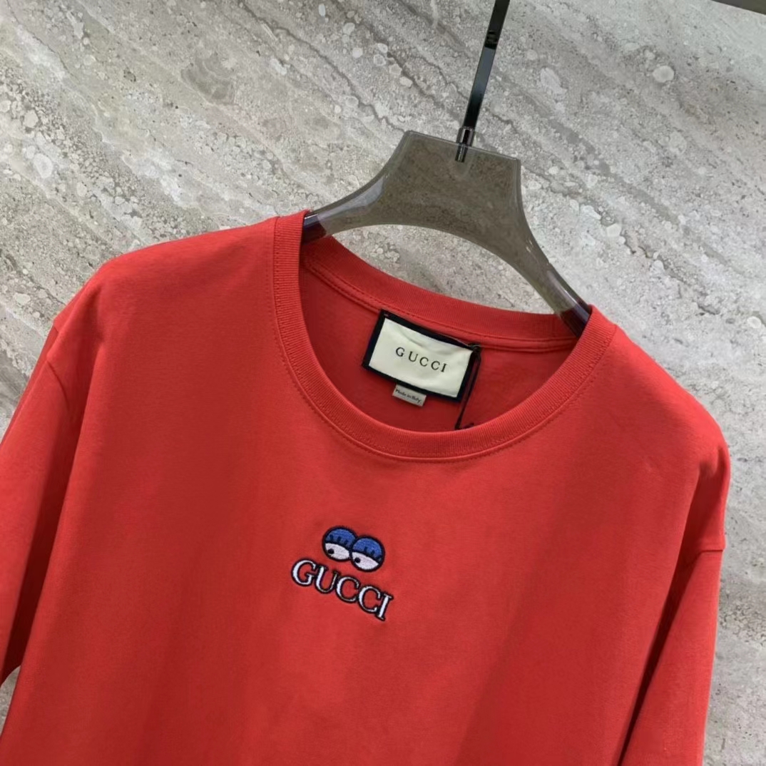 G*u*i men cotton jersey t-shirt embroidery eyes red crewneck short sleeves
