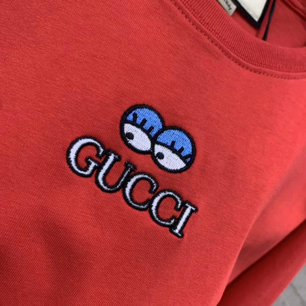G*u*i men cotton jersey t-shirt embroidery eyes red crewneck short sleeves