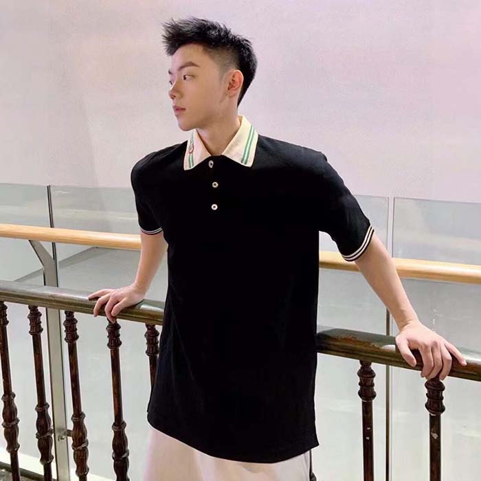 G*u*i men cotton piquet polo interlocking g black side vents short sleeves