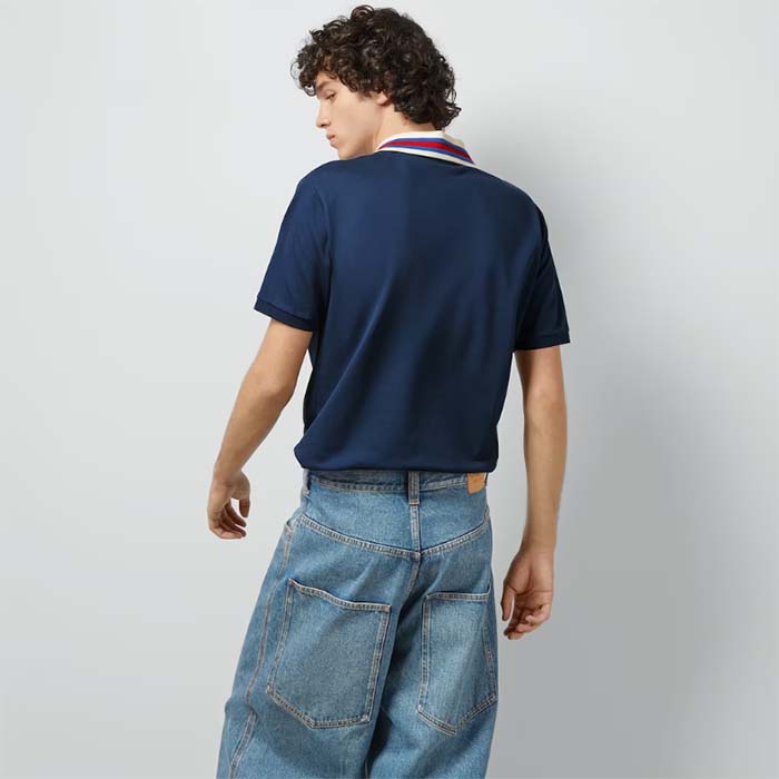 G*u*i men cotton piquet polo square gg blue collar short sleeves