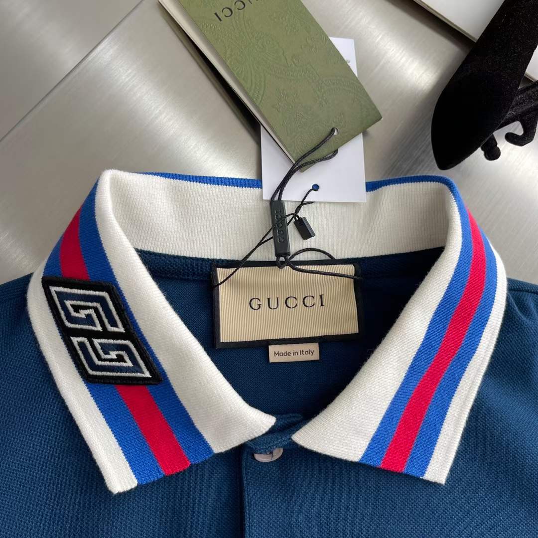 G*u*i women cotton piquet polo square gg blue collar short sleeves