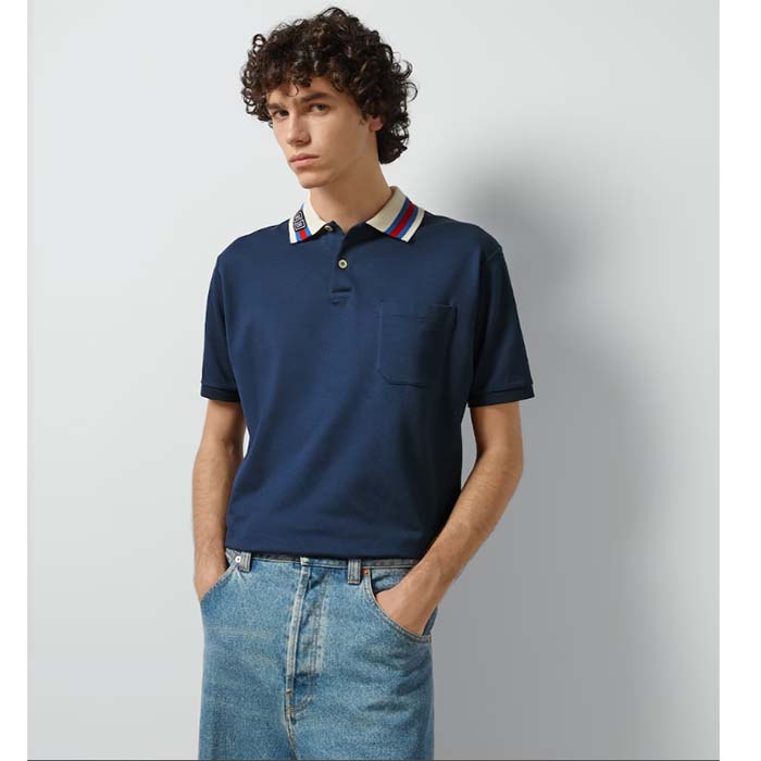 G*u*i men cotton piquet polo square gg blue collar short sleeves