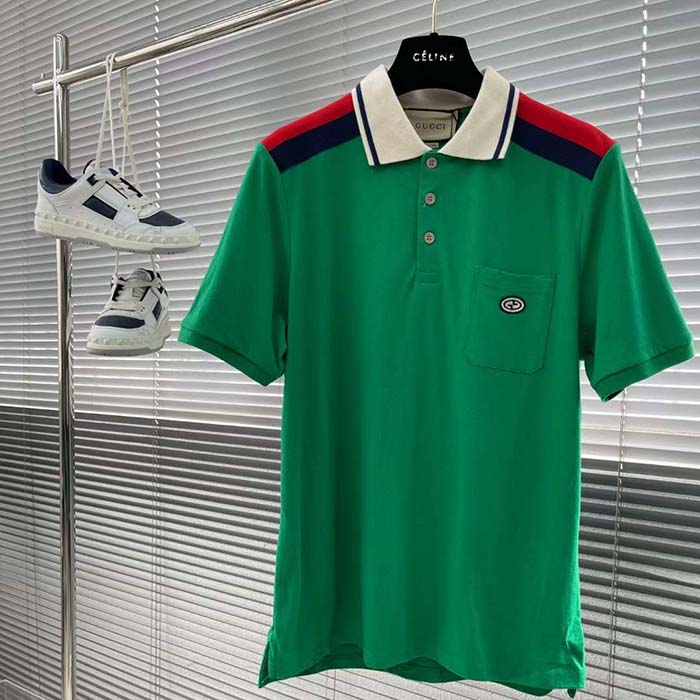 G*u*i women gg cotton polo interlocking g green short sleeves chest pocket