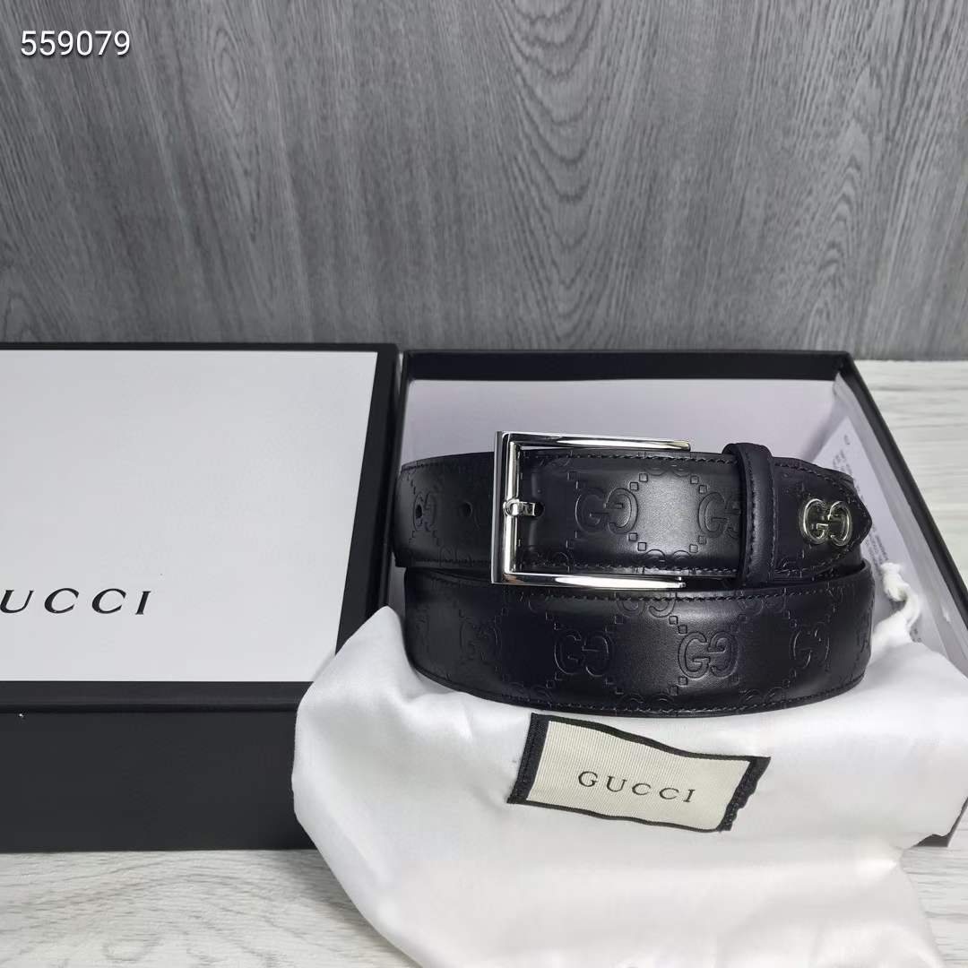 G*u*i unisex black signature belt gg detail square buckle 3.8 cm width