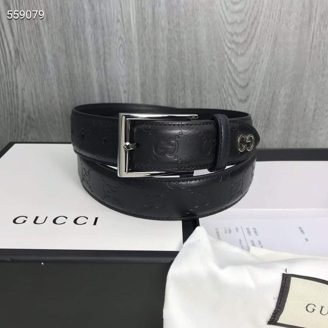 G*u*i unisex black signature belt gg detail square buckle 3.8 cm width