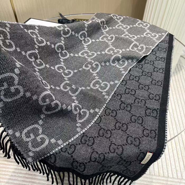 G*u*i unisex gg jacquard knit scarf tassels grey black wool