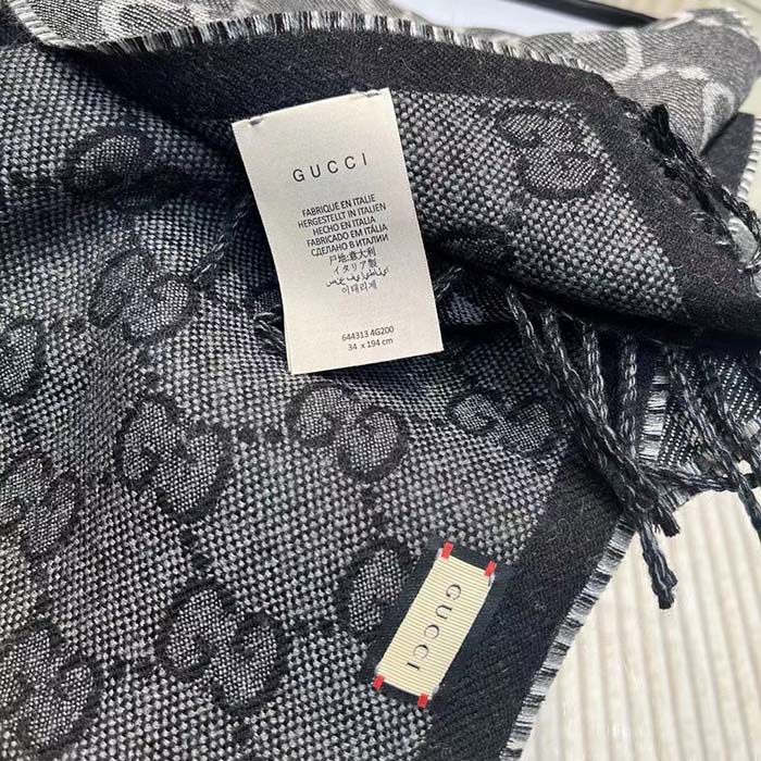 G*u*i unisex gg jacquard knit scarf tassels grey black wool