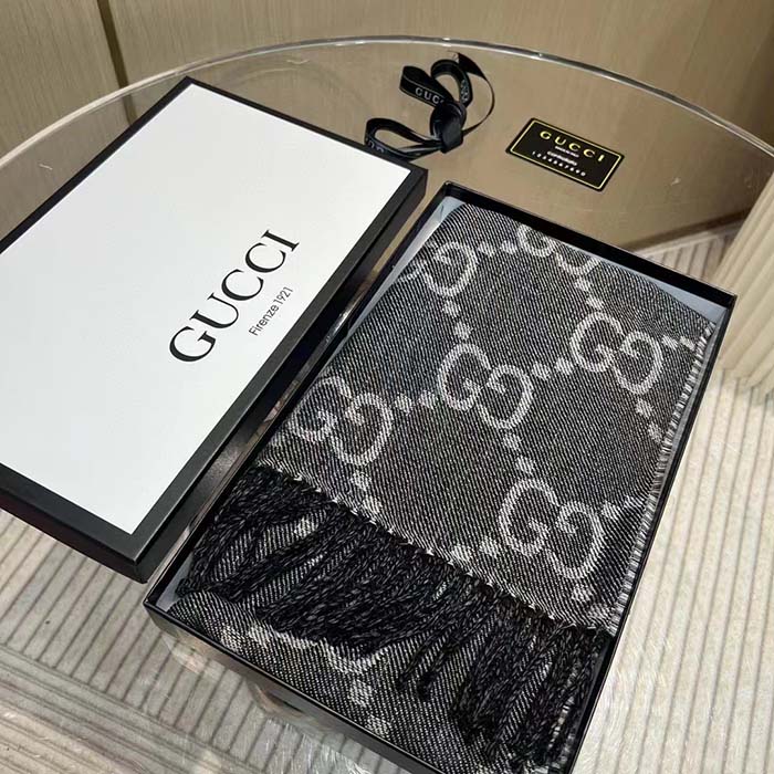 G*u*i unisex gg jacquard knit scarf tassels grey black wool