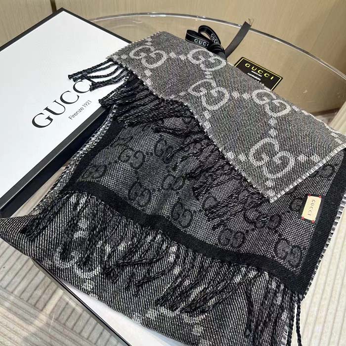 G*u*i unisex gg jacquard knit scarf tassels grey black wool