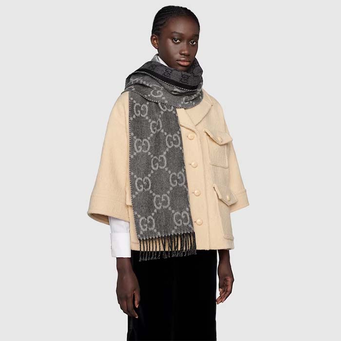 G*u*i unisex gg jacquard knit scarf tassels grey black wool