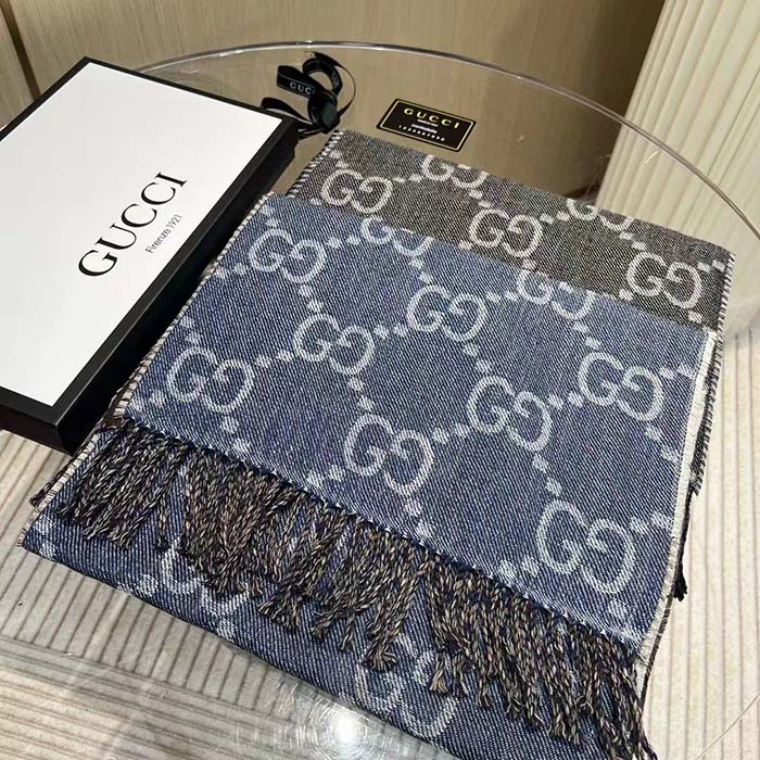 G*u*i unisex gg jacquard knit scarf tassels navy brown wool