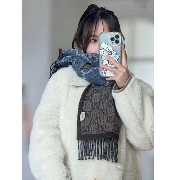 G*u*i unisex gg jacquard knit scarf tassels navy brown wool