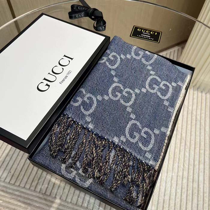 G*u*i unisex gg jacquard knit scarf tassels navy brown wool