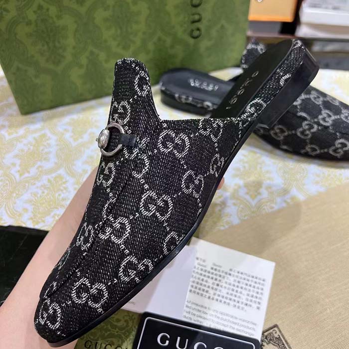 G*u*i unisex gg princetown slipper black denim horsebit leather flat