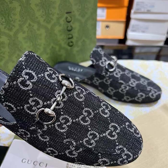 G*u*i unisex gg princetown slipper black denim horsebit leather flat