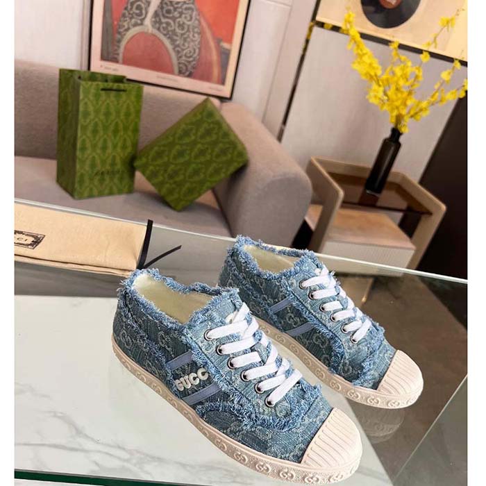 G*u*i unisex gg sneaker blue denim rubber sole lace up flat