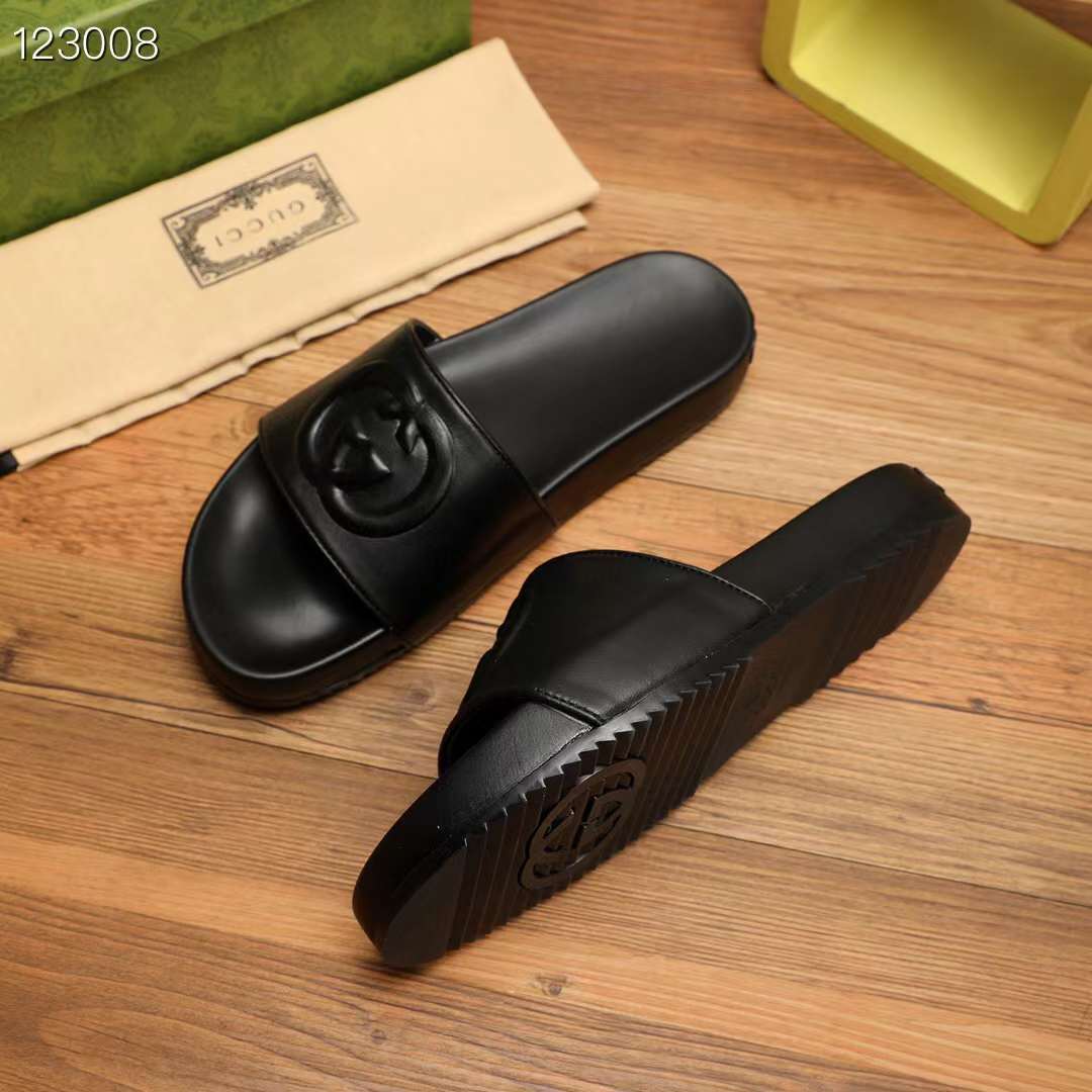 G*u*i unisex slide sandal interlocking g black leather flat