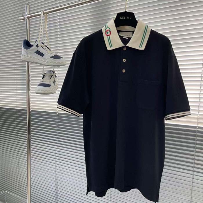 G*u*i men cotton piquet polo interlocking g black side vents short sleeves