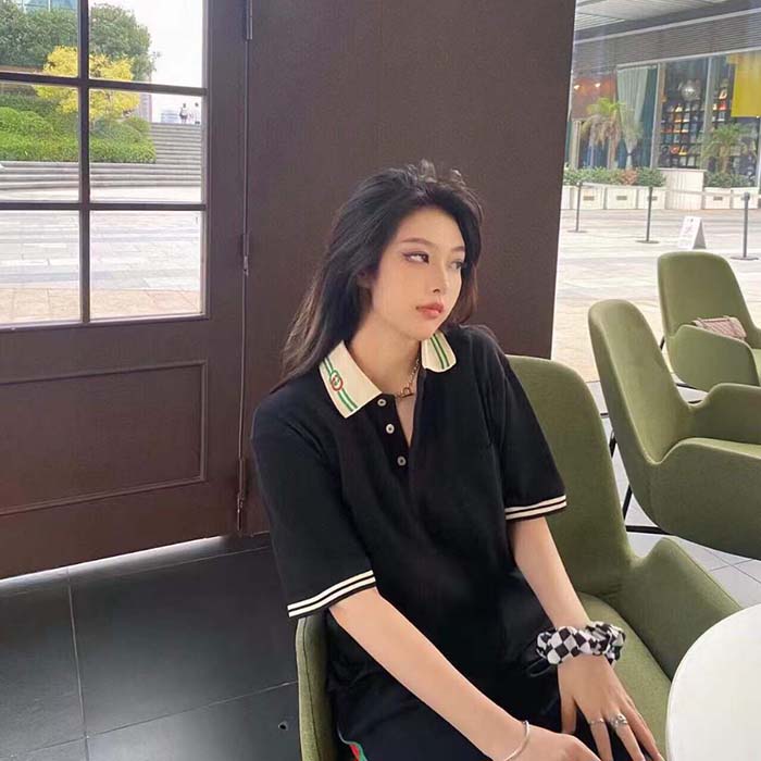 G*u*i women cotton piquet polo interlocking g black side vents short sleeves