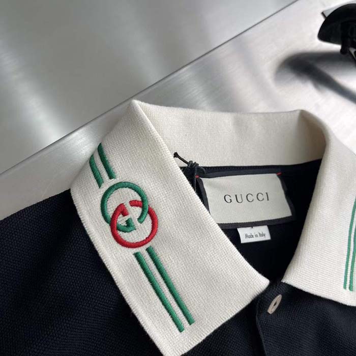 G*u*i men cotton piquet polo interlocking g black side vents short sleeves