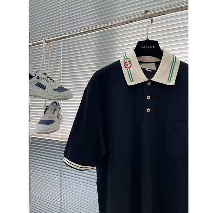 G*u*i men cotton piquet polo interlocking g black side vents short sleeves