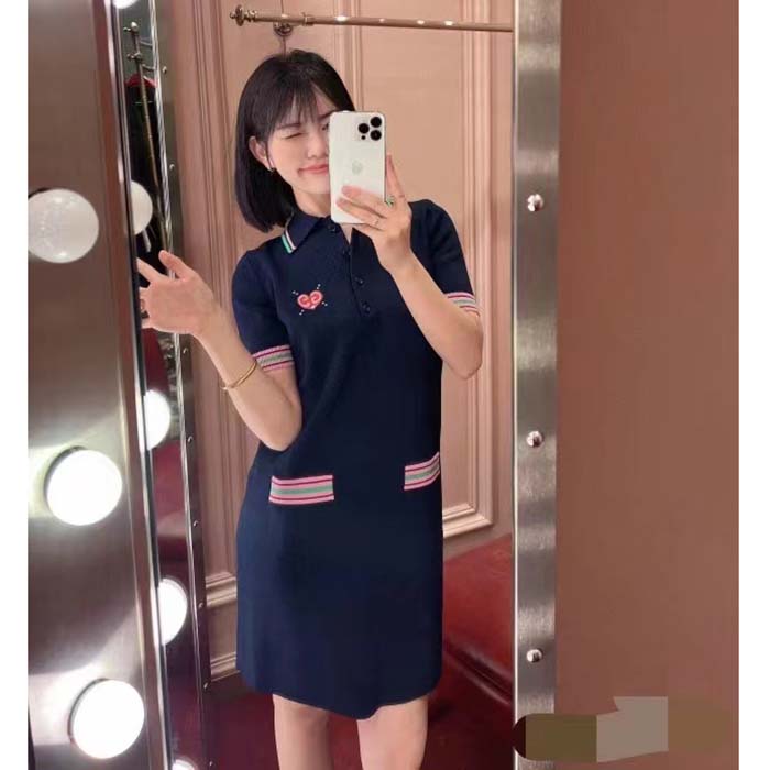 G*u*i women fine knit dress embroidery gg heart point collar