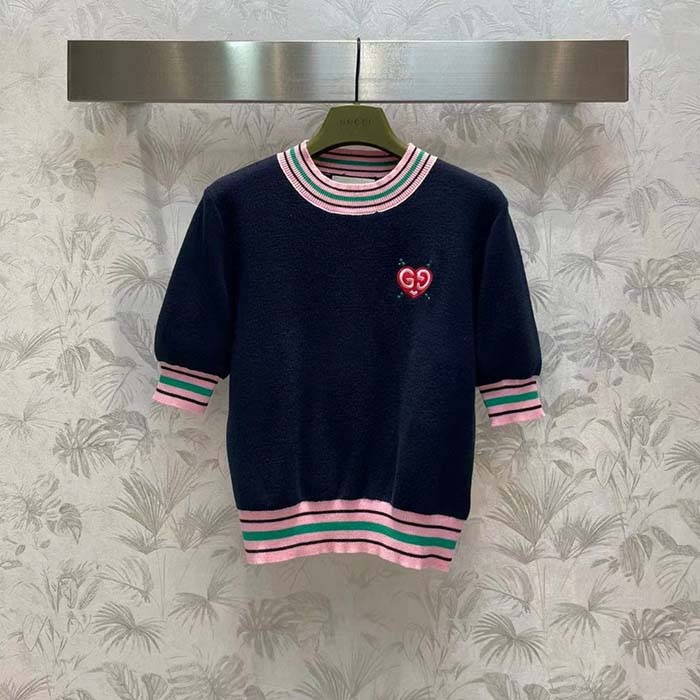 G*u*i women fine knit sweater embroidery gg heart round neck
