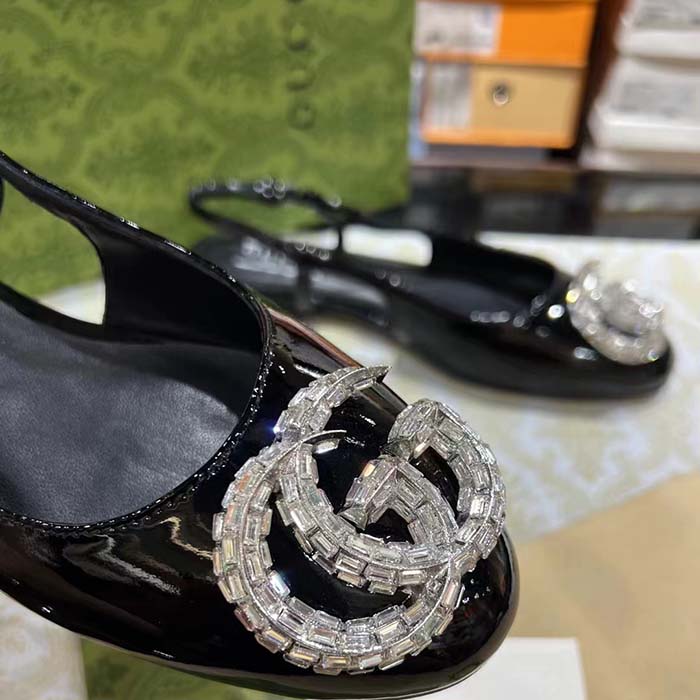 G*u*i women gg ballerina double g black patent leather crystals flat