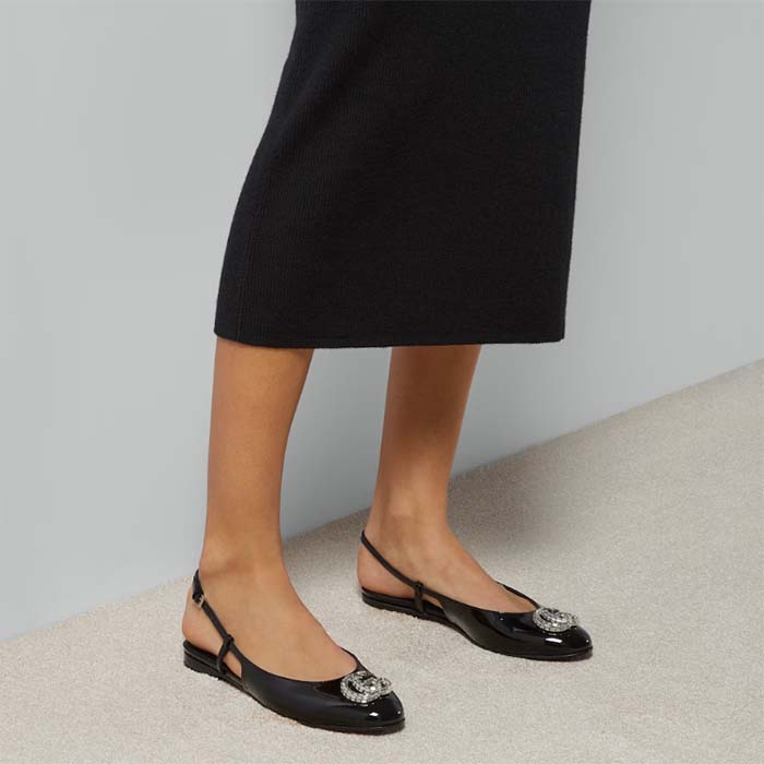 G*u*i women gg ballerina double g black patent leather crystals flat