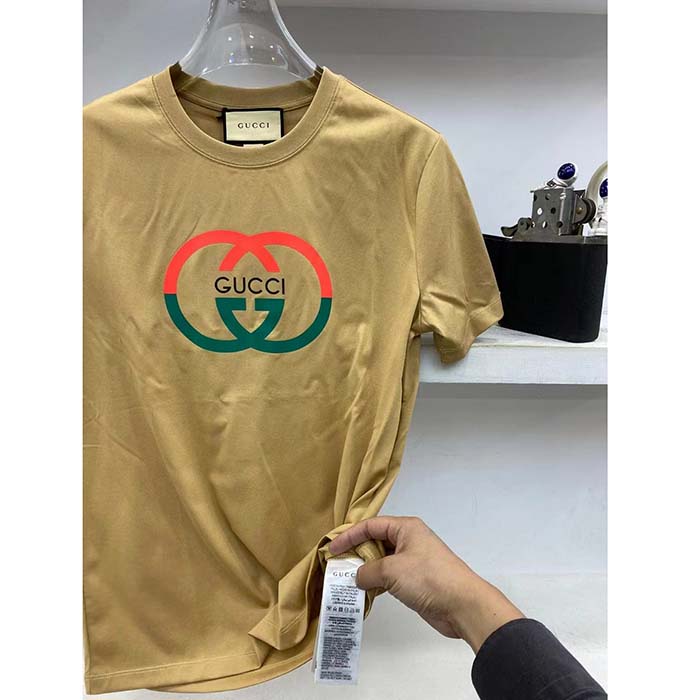 G*u*i women gg cotton jersey printed t-shirt camel crewneck short sleeves