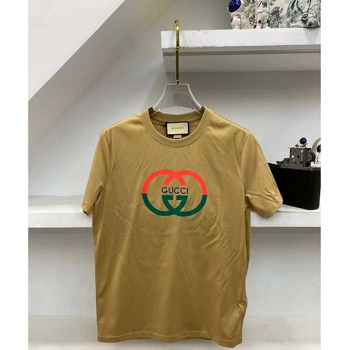 G*u*i women gg cotton jersey printed t-shirt camel crewneck short sleeves