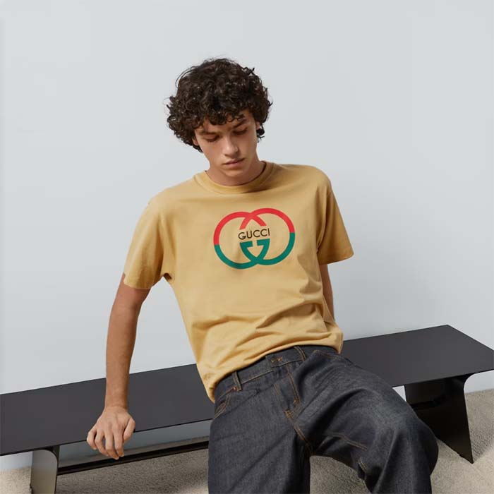 G*u*i men gg cotton jersey printed t-shirt camel crewneck short sleeves