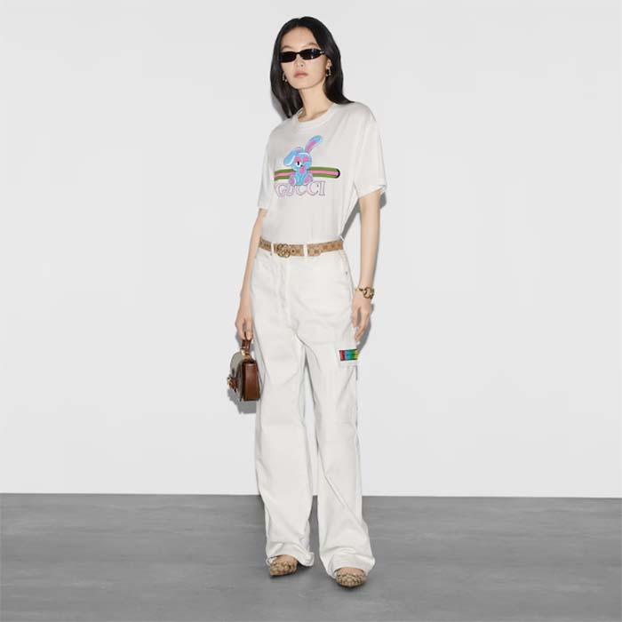 G*u*i women gg cotton jersey printed t-shirt white crewneck short sleeves