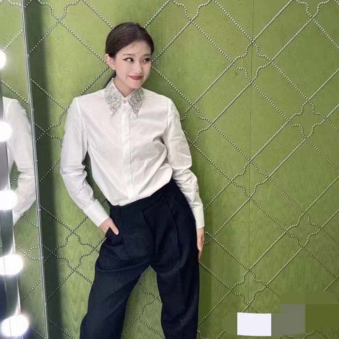 G*u*i women gg cotton poplin shirt embroidery long sleeves concealed placket