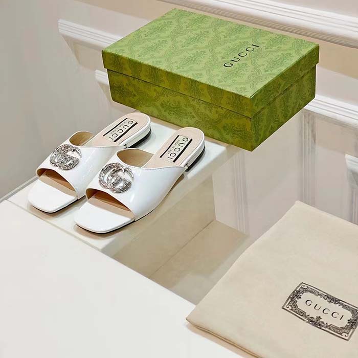 G*u*i women gg double g slide sandal ivory patent leather crystals flat