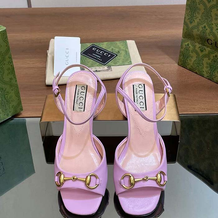 G*u*i women gg horsebit mid-heel sandal lilac leather sole ankle buckle