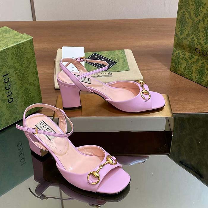 G*u*i women gg horsebit mid-heel sandal lilac leather sole ankle buckle