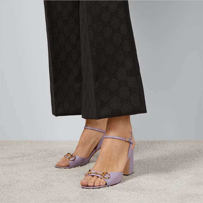 G*u*i women gg horsebit mid-heel sandal lilac leather sole ankle buckle