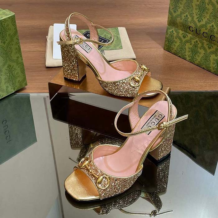 G*u*i women gg horsebit mid-heel sandal metallic gold leather crystals