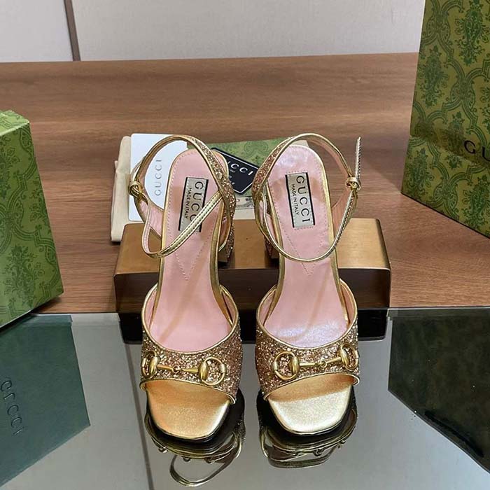 G*u*i women gg horsebit mid-heel sandal metallic gold leather crystals