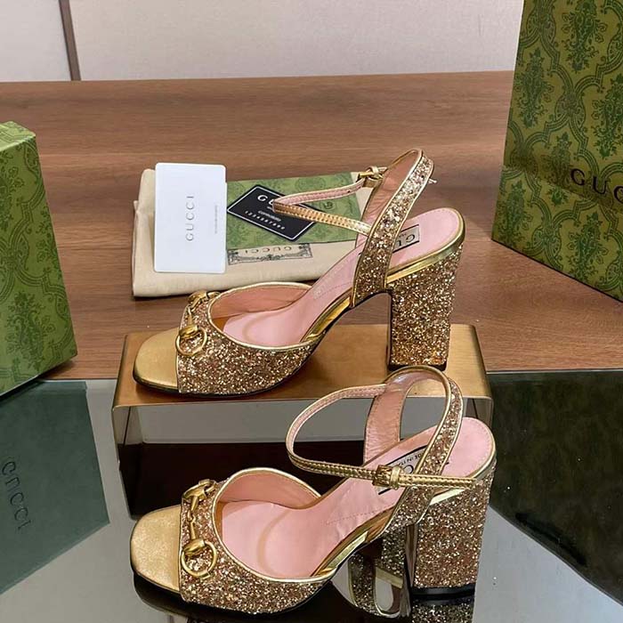 G*u*i women gg horsebit mid-heel sandal metallic gold leather crystals