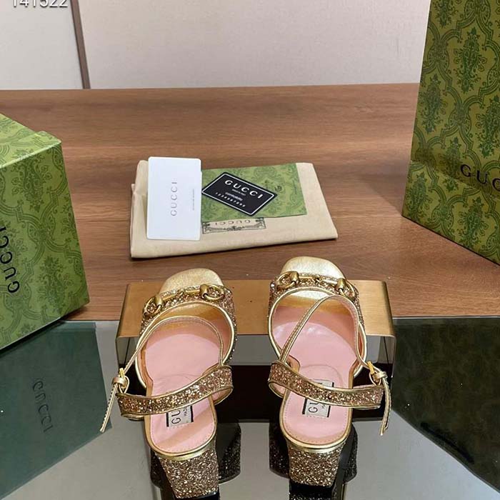 G*u*i women gg horsebit mid-heel sandal metallic gold leather crystals