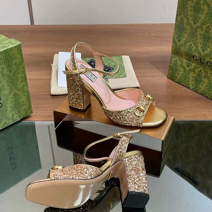 G*u*i women gg horsebit mid-heel sandal metallic gold leather crystals