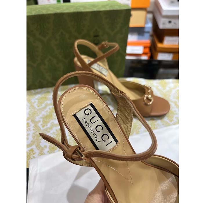 G*u*i women gg horsebit sandal brown leather high heel ankle buckle