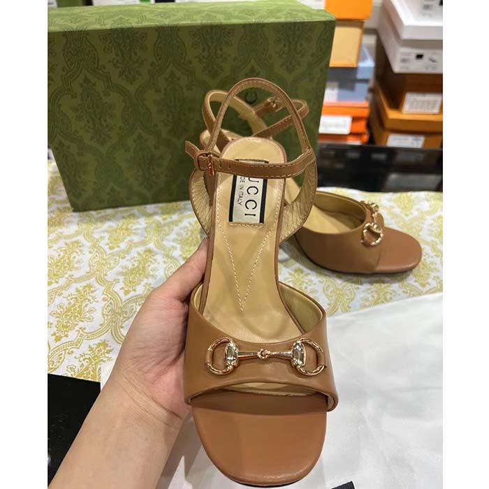 G*u*i women gg horsebit sandal brown leather high heel ankle buckle